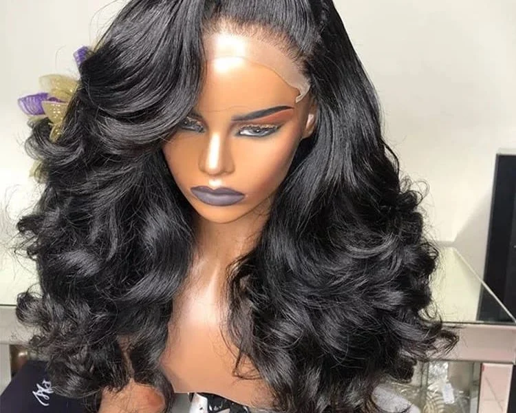 A mannequin wig with long wavy black hair.