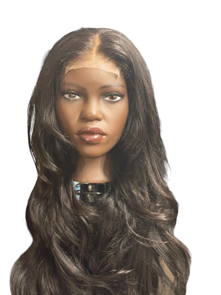A mannequin wig with long black hair.