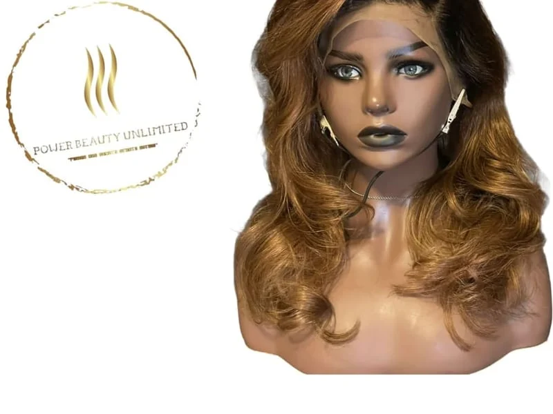 A mannequin wig with long blonde hair.