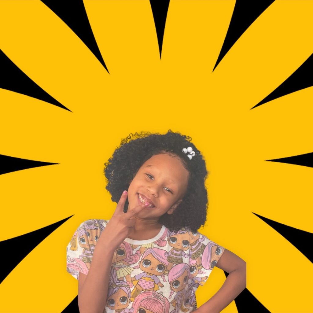 A little girl posing for a picture with a Lace Wig Melting Kit-yellow background.