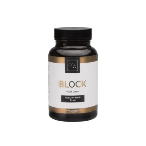 Black bottle of "LockRx BLOCK Hair Loss Healthy Hair Plan "dietary supplement with gold and white label, shown against a plain white background